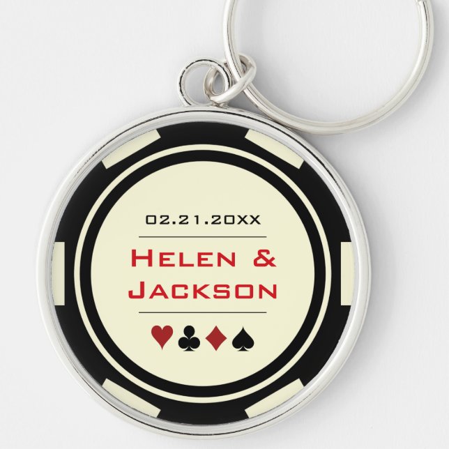 Casino Poker Chip Red Black Cream Wedding Favour Key Ring (Front)