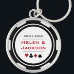 Casino Poker Chip Red Black White Wedding Favor Key Ring<br><div class="desc">Getting married in Las Vegas or maybe you're having a casino themed wedding? These black,  red,  and white keychains would make a perfect idea for your guest's favors. Personalize the design with your names in red in the center,  and a wedding date,  thank you,  etc. in black on top.</div>
