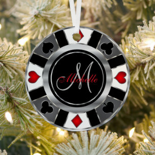 Casino Poker Monogram Chip - Silver  Metal Tree Decoration