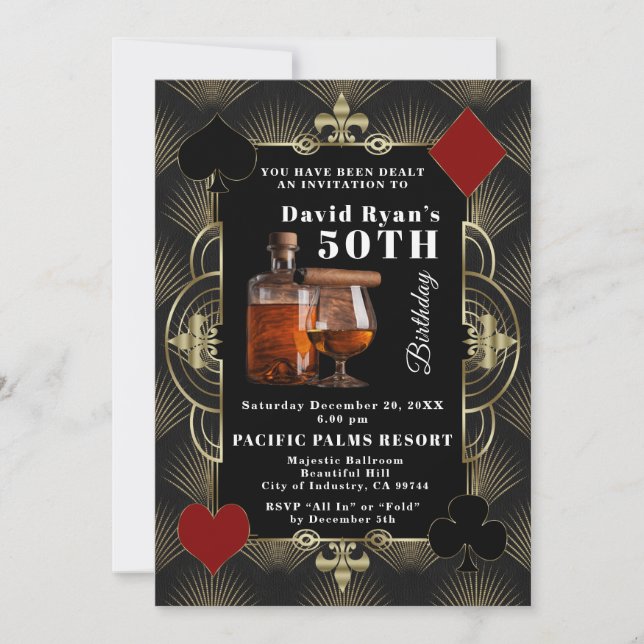 Casino Vegas Cognac And Cigar 50th Birthday Party  Invitation (Front)