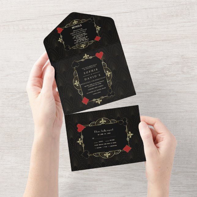 Casino Vegas Poker Gold Black Art Deco Wedding  All In One Invitation (Tearaway)