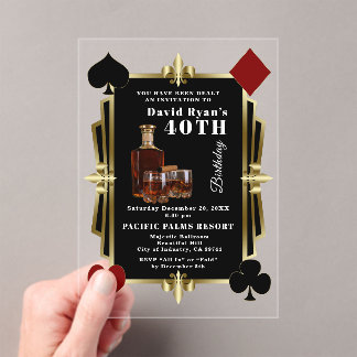 Casino Whiskey And Cigar Gatsby 40th Birthday Acrylic Invitations