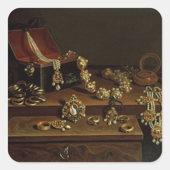 Casket of jewels on a table square sticker (Front)