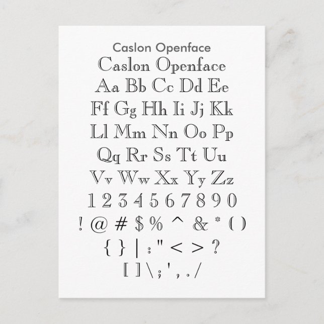 Caslon Openface - Zazzle Font Sampler Sheet Postcard (Front)