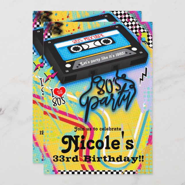 Cassette Tape 80's 1980's Theme Birthday Party Invitation (Front/Back)