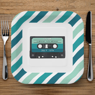 Cassette Tape Blue Retro Birthday Party Paper Plate