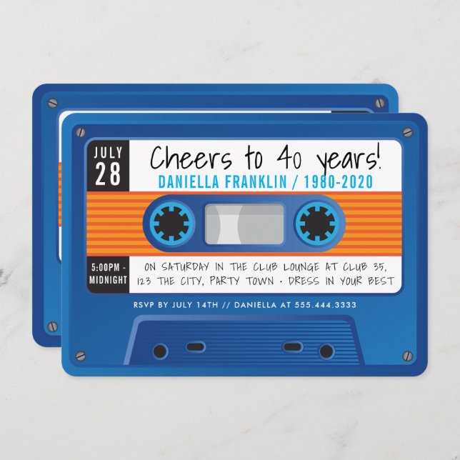 CASSETTE TAPE modern disco birthday blue orange Invitation (Front/Back)