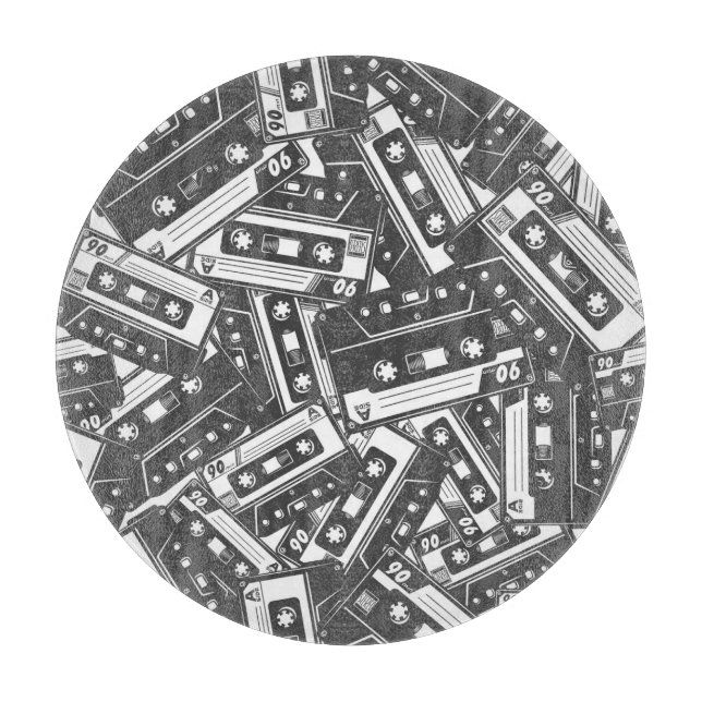 Cassette Tape: Monochrome Vintage Pattern Cutting Board (Front)