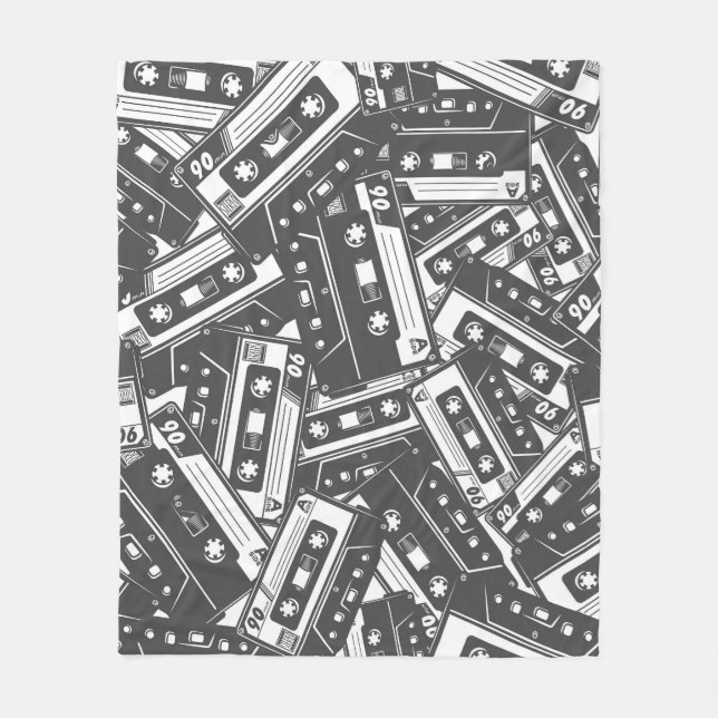 Cassette Tape: Monochrome Vintage Pattern Fleece Blanket (Front)