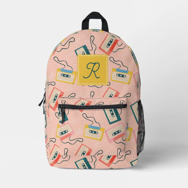 Cassette Tape Pattern Monogram Pink Printed Backpack (Front)