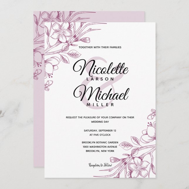 Cassis and Pink Floral Wedding Invitation (Front/Back)