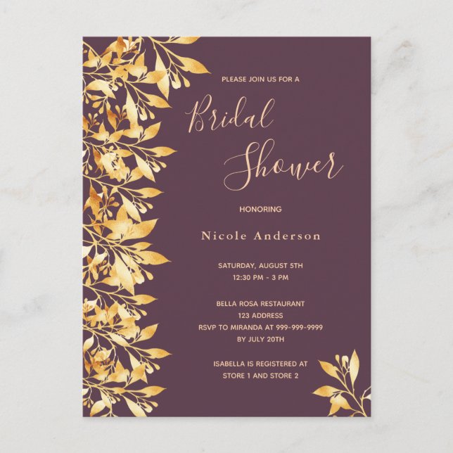 Cassis botanical gold Bridal Shower invitation Postcard (Front)