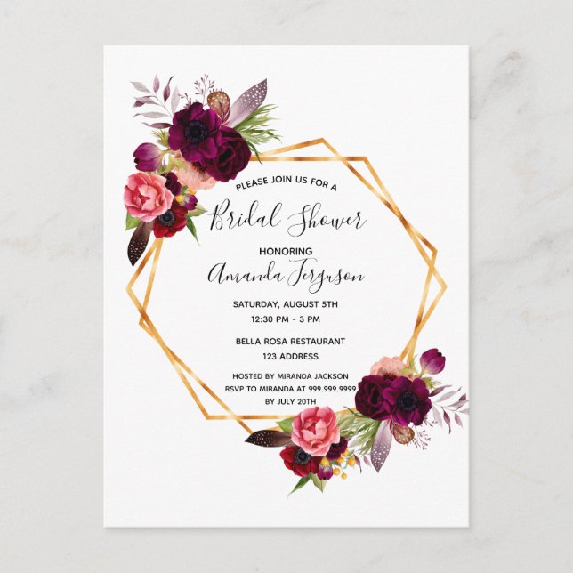 Cassis burgundy floral bridal shower invitation postcard (Front)
