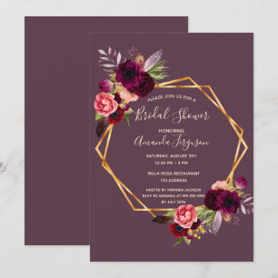 Cassis burgundy floral geometric bridal shower invitation