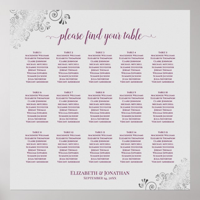 Cassis on Grey 15 Table Wedding Seating Chart (Front)