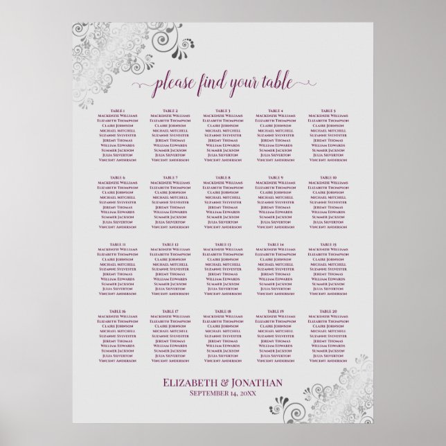 Cassis on Grey 20 Table Wedding Seating Chart (Front)