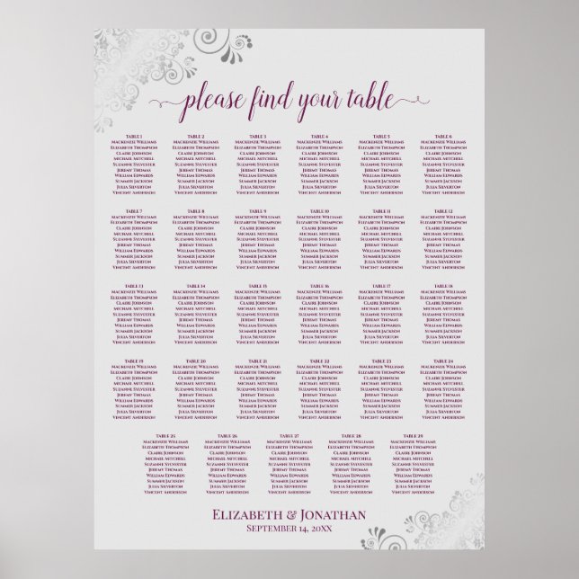 Cassis on Grey 29 Table Wedding Seating Chart (Front)