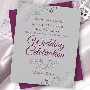 Cassis on Grey Frilly Budget Wedding Invitation