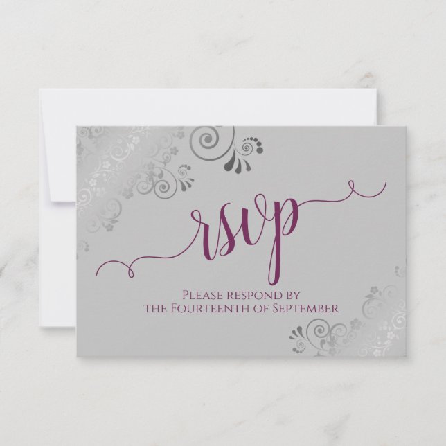 Cassis on Grey Silver Lace Calligraphy Wedding RSVP Card (Front)