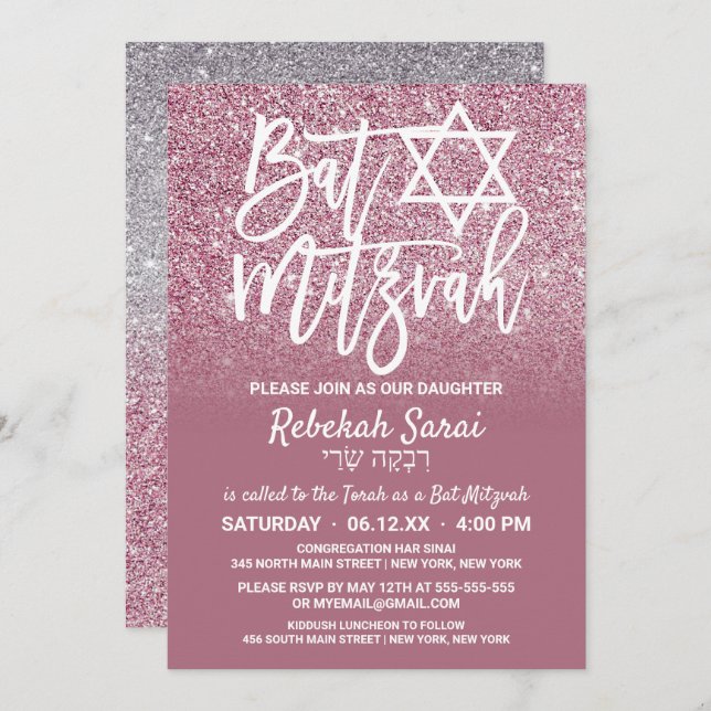 Cassis Pink Silver Faux Glitter Ombre Bat Mitzvah Invitation (Front/Back)