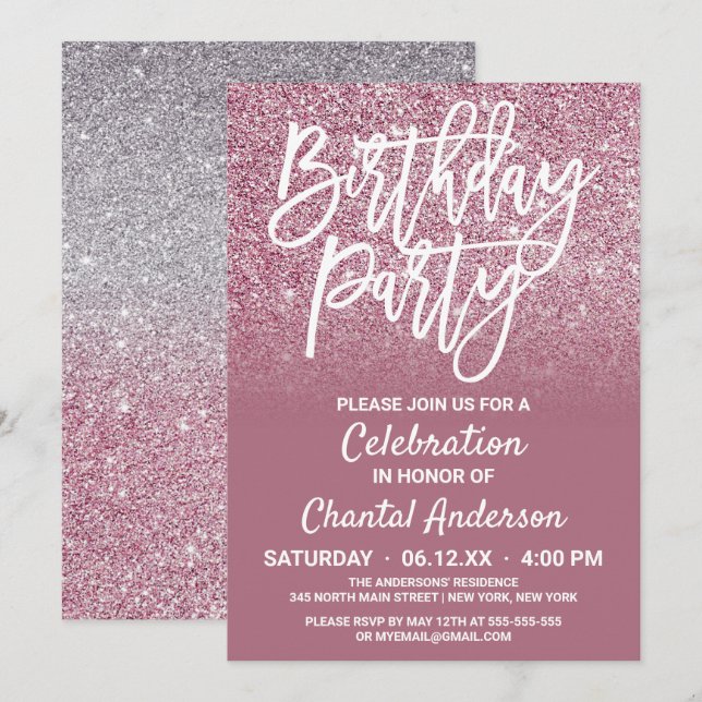 Cassis Pink Silver Faux Glitter Ombre Birthday Invitation (Front/Back)