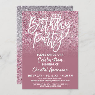 Cassis Pink Silver Faux Glitter Ombre Birthday Invitation