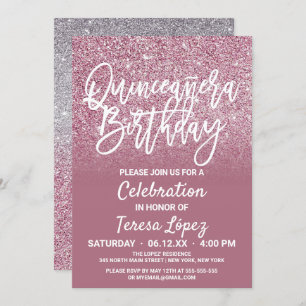 Cassis Pink Silver Faux Glitter Ombre Quinceañera Invitation