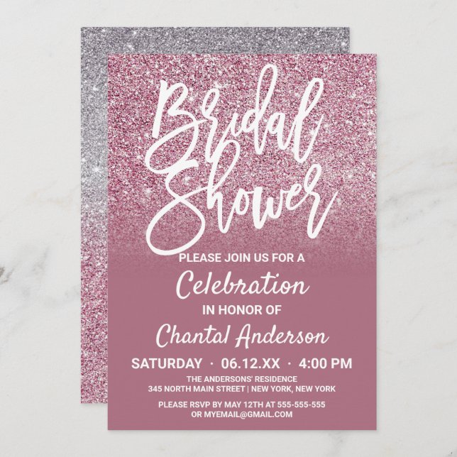 Cassis Pink Silver Glitter Ombre Bridal Shower Invitation (Front/Back)