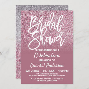 Cassis Pink Silver Glitter Ombre Bridal Shower Invitation