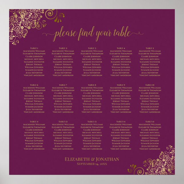 Cassis Purple 15 Table Wedding Seating Chart Gold (Front)