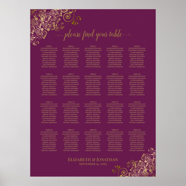 Cassis Purple 20 Table Wedding Seating Chart Gold (Front)