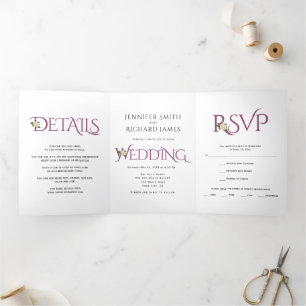 Cassis purple ampersand with white rose wedding Tri-Fold invitation