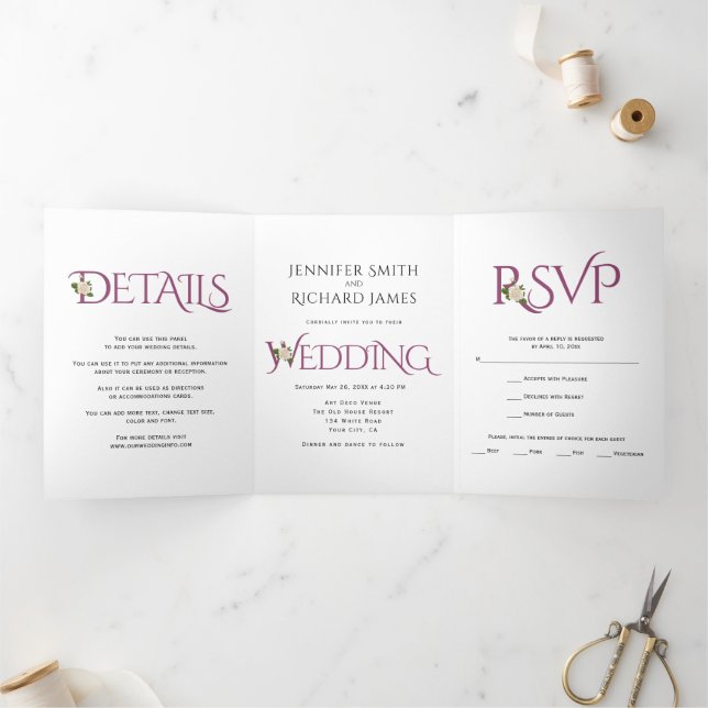 Cassis purple ampersand with white rose wedding Tri-Fold invitation (Inside)