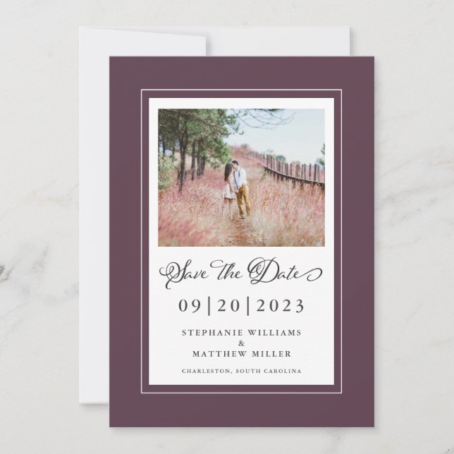 Cassis Purple Borders Photo Save The Date Wedding (Front)
