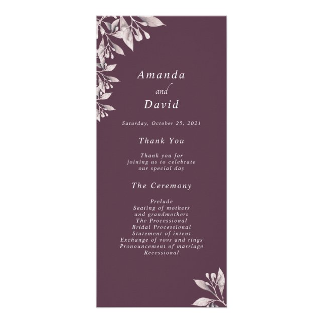 Cassis purple botanical floral wedding program rack card (Front)