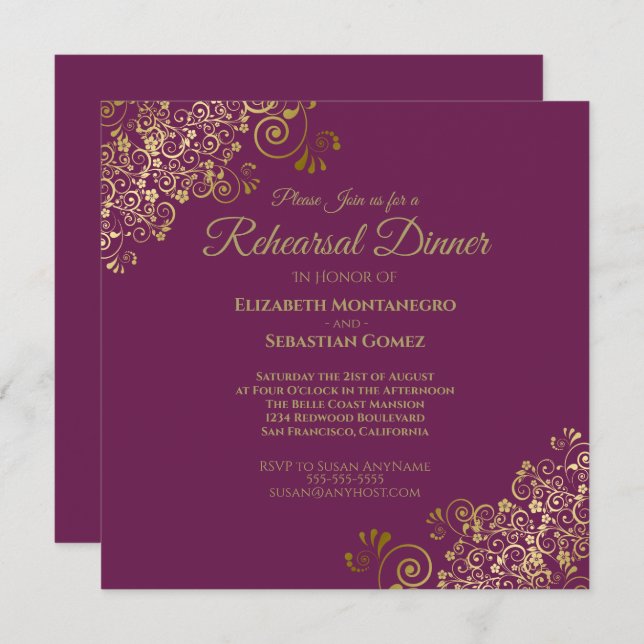 Cassis Purple Gold Wedding Rehearsal Dinner Square Invitation (Front/Back)