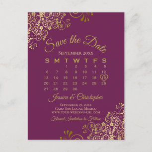 Cassis Purple Gold Wedding Save the Date Calendar Announcement Postcard