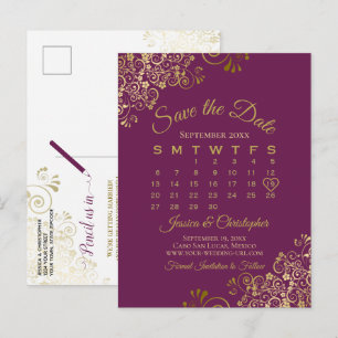 Cassis Purple Gold Wedding Save the Date Calendar Announcement Postcard