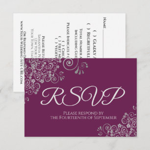 Cassis Purple Magenta Elegant Silver Lace Wedding RSVP Card