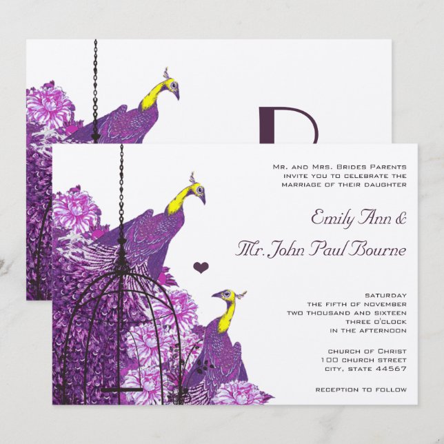 Cassis Purple Neo Lemon Peacock  Peony Birdcage Invitation (Front/Back)