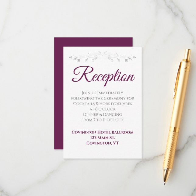 Cassis Purple on White Elegant Wedding Reception Enclosure Card (Front/Back In Situ)