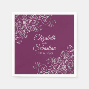 Cassis Purple & Silver Frills Elegant Wedding Napkin