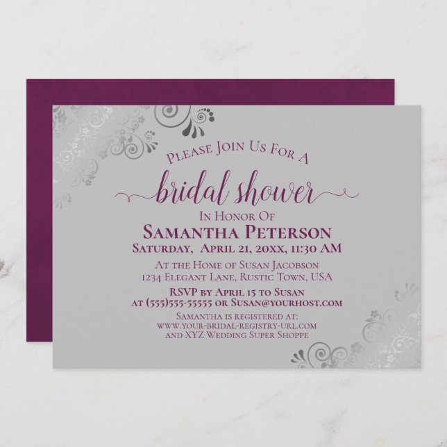 Cassis Purple & Silver Lace Grey Bridal Shower Invitation (Front/Back)