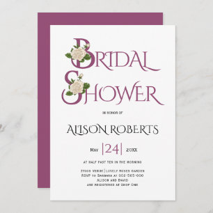 Cassis purple typography and rose bridal shower invitation
