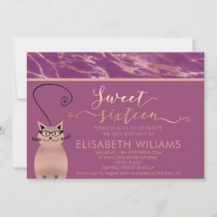 Cassis rose gold marble calligraphy funny cat invitation