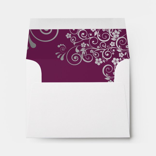 Cassis & Silver Lace Inside White Wedding RSVP Envelope (Back (Bottom))