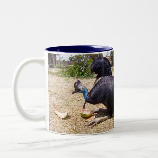 Cassowary Bird Eating Melons, Two-Tone Coffee Mug (Left)