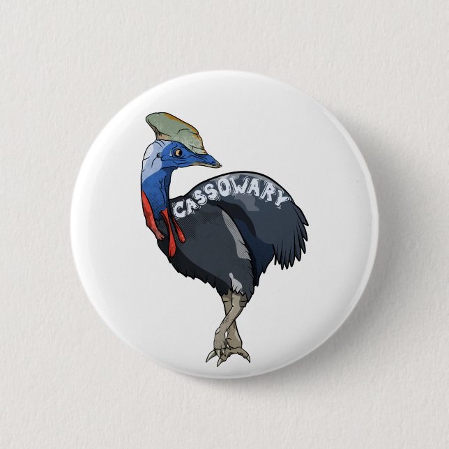 cassowary coloured woth text 6 cm round badge (Front)