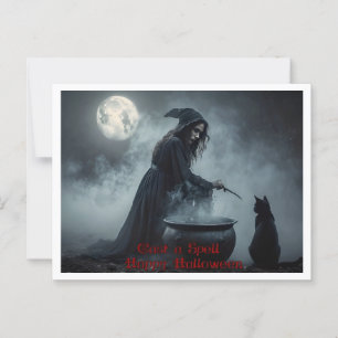 Cast a Spell, Witch, Black Cat, Cauldron Halloween Postcard
