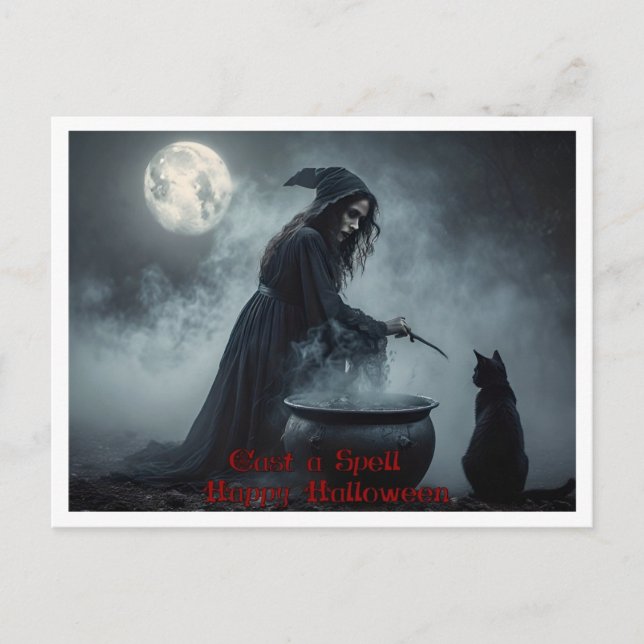 Cast a Spell, Witch, Black Cat, Cauldron Halloween Postcard (Front)